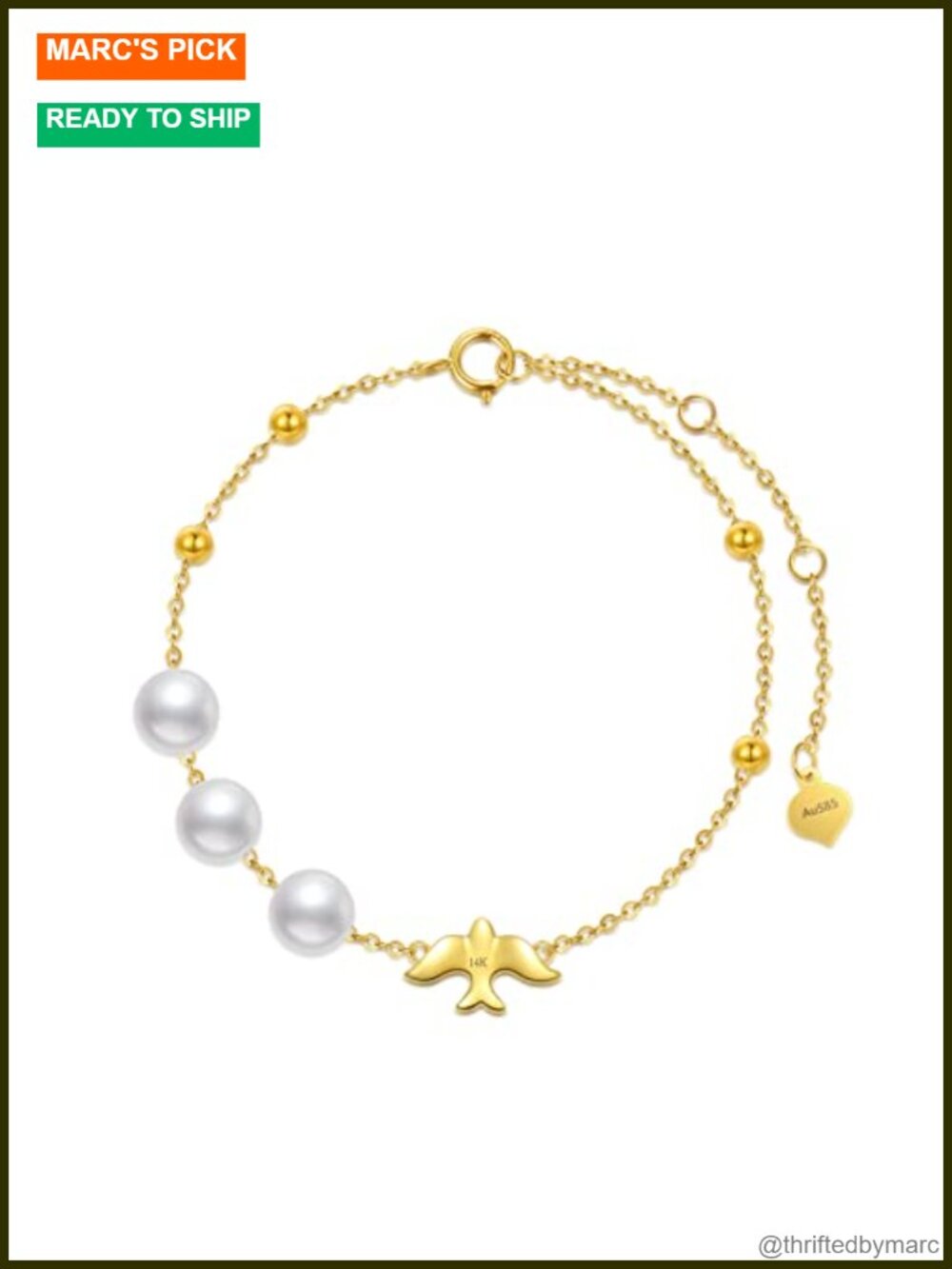 Solid 14ct Gold Pearl Bracelet Adjustable 6-8" Dove Charm Women's Jewelry